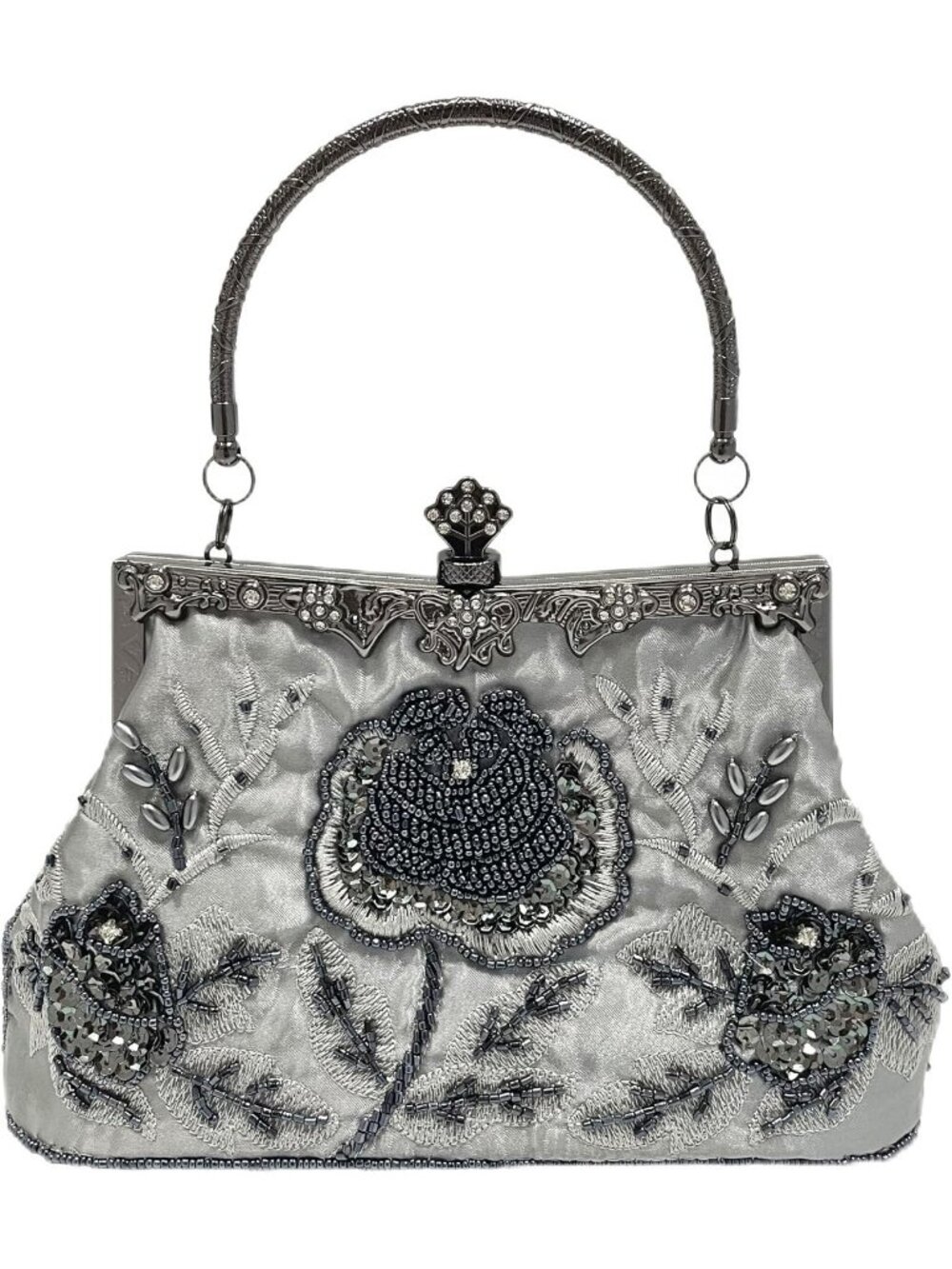 Womens Grey Beaded Rose Sequin Kiss Lock Frame Top Handle Evening Bag Clutch